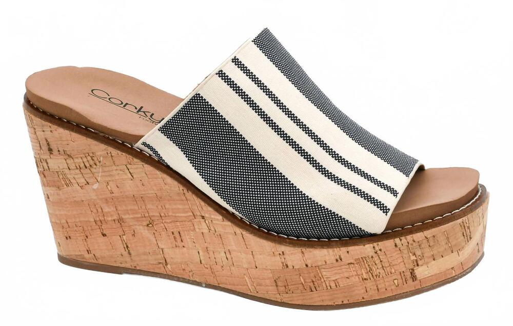 NEW CORKYS FOOTWEAR women's mugshot sandal in black natural stripe
